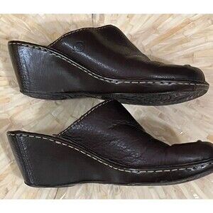 Born Shoes Leather Slip On Mule Wedge Heel Closed Toe Comfort Brown Women Size 8